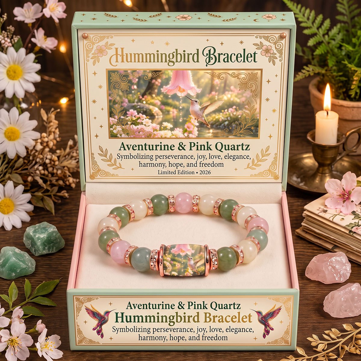 Hummingbird Hope – Aventurine & Pink Quartz Bracelet