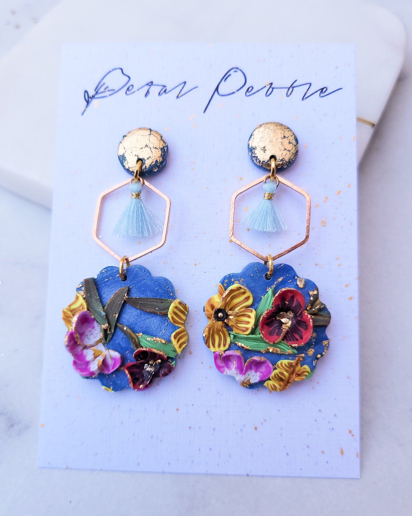 Blue in Gold Floral Slab Earrings 16