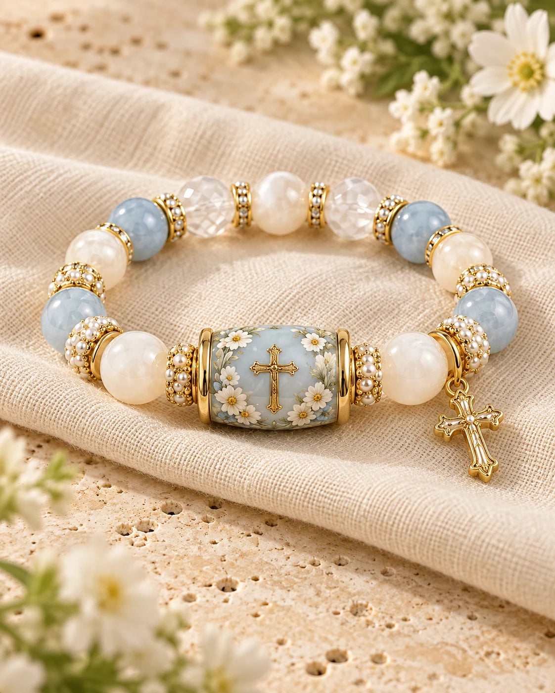 Grace in Bloom bracelet with blue and ivory beads, floral centerpiece and gold-tone cross charm