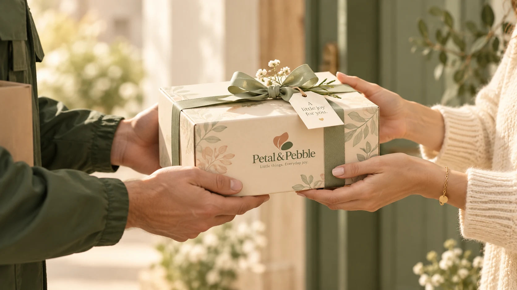 Petal & Pebble gift package being handed to a customer at delivery